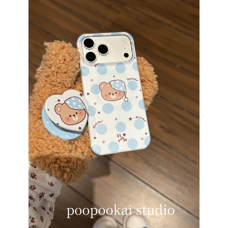 PooPookai ins韩系可爱睡帽小熊磁吸适用于苹果16/17promax/iPhone15pro手机壳女款14全包防摔13保护套