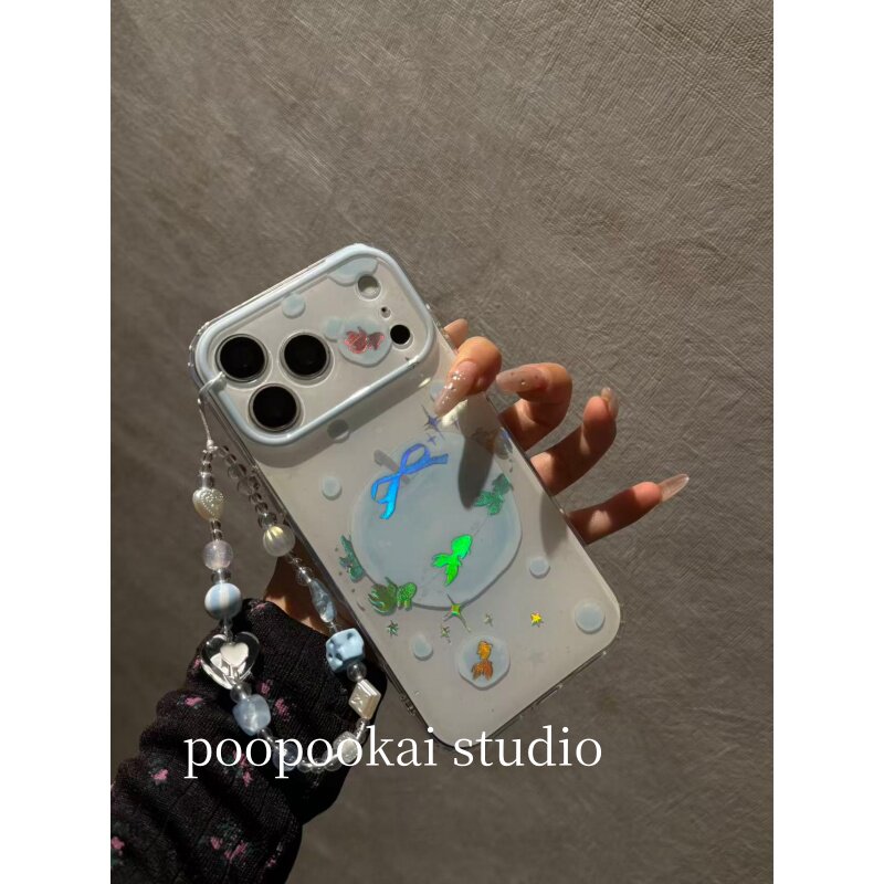 PooPookai韩系蓝底镭射金鱼苹果适用于苹果16/17promax/iPhone15pro手机壳女款14全包防摔13保护套