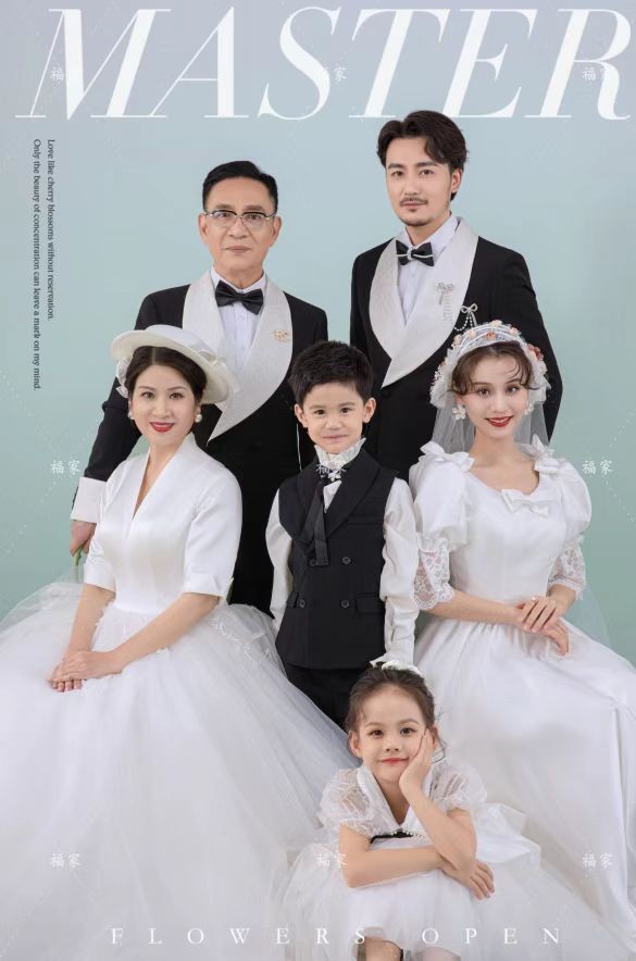 婚纱影楼白色礼服 高端一家六口唯美全家福亲子装儿童摄影服装
