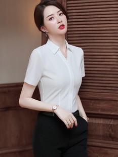 韩版 时尚 女士2024夏季 百搭短袖 衬衣 新款 高档气质上班面试职业衬衫