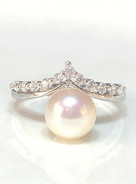 5A级高亮天然淡水真珍珠戒指18K包金锆石皇冠开口珍珠指环女高级