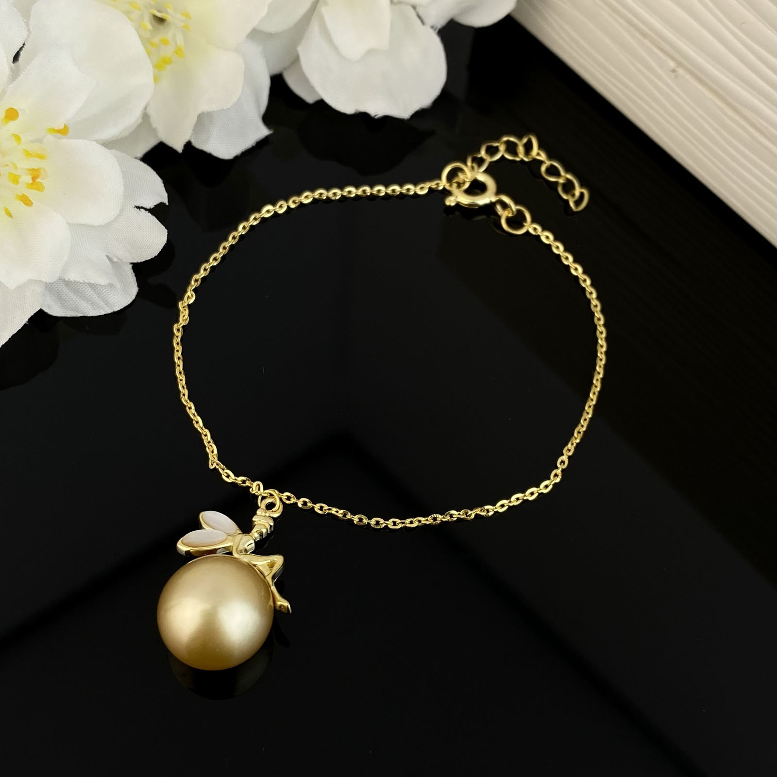 金珠海水珍珠天使款手链正圆10-11mm金色女s925纯银金珠手链女款