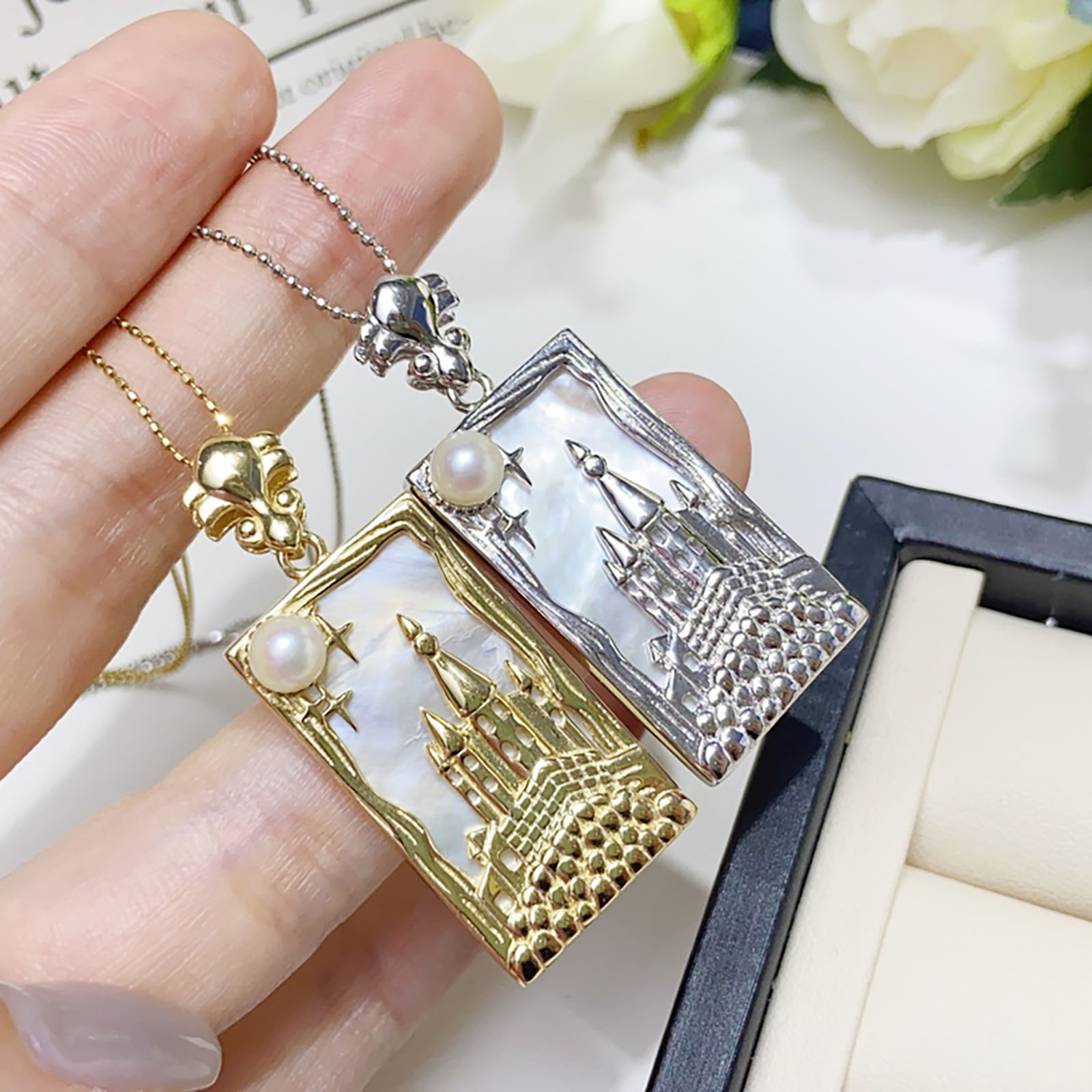 天然淡水珍珠法系精工豪华城堡吊坠正圆4mm珍珠s925纯银珍珠项链