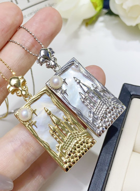 天然淡水珍珠法系精工豪华城堡吊坠正圆4mm珍珠s925纯银珍珠项链