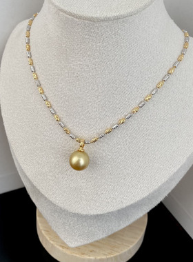 海水金珠珍珠分色车花S形套链正圆9-10mm珍珠女s925纯银项链颈链