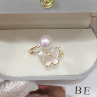 时尚精致天然海贝蝴蝶戒指浙江诸暨天然淡水珍珠18K注金保色指环