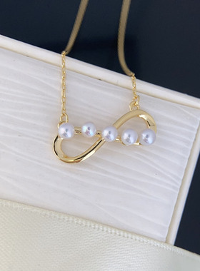 天然淡水珍珠多珠8字形吊坠正圆3-4mm珍珠s925纯银女士珍珠项链