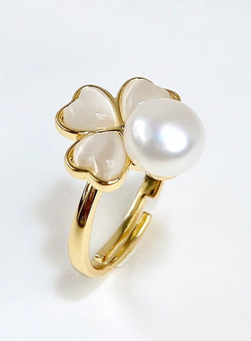 天然淡水珍珠戒指女爱心形三叶草轻奢气质高级感开口可调节戒指