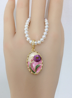 天然淡水珍珠万能扣吊坠巴洛克紫色彩绘古油画风万能扣珍珠项链