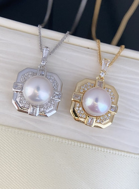 天然淡水珍珠菱形镶钻吊坠正圆7-8mm珍珠女s925纯银珍珠颈链诸暨