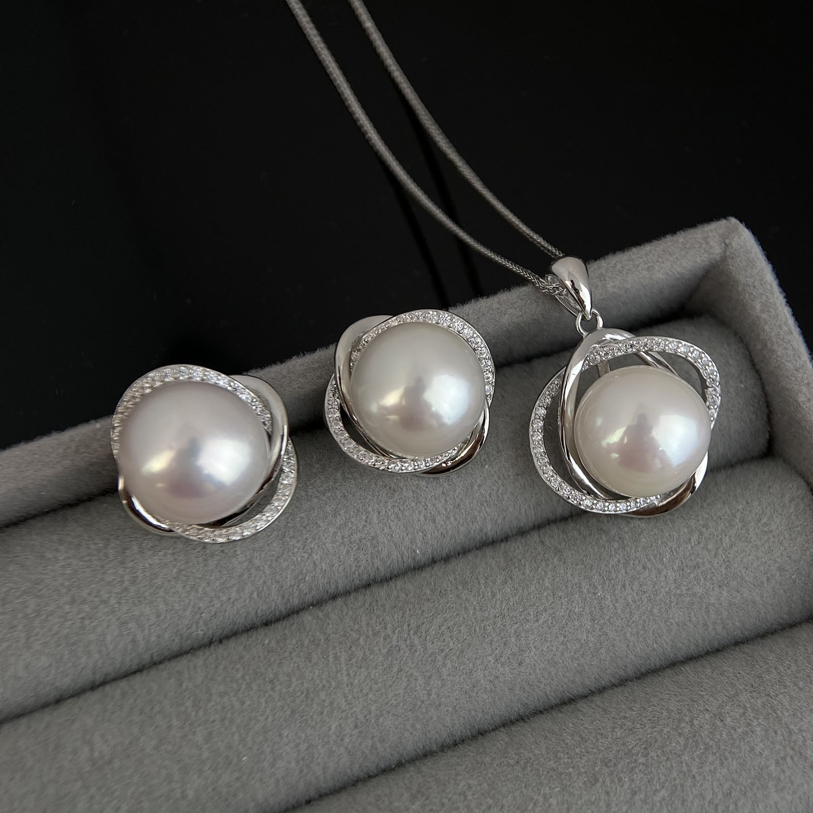 天然淡水珍珠缠绕鸟巢款耳环吊坠正圆12-13mm女s925纯银珍珠套装