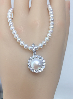 诸暨天然淡水珍珠微镶锆石万能扣大点位无核淡水珍珠吊坠珍珠项链