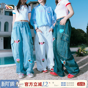 lemanism520系列腊肠狗花朵毛巾绣别致潮流牛仔裤美式工装裤情侣