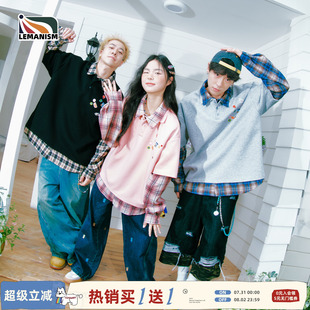 lemanism美式 春秋翻领印花卫衣男 潮流假两件格子拼接POLO衫 情侣款