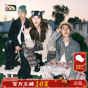 潮牌牛仔衣女 翻领夹克情侣款 lemanism美式 复古牛仔外套男2024秋季