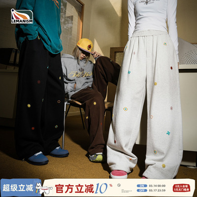 lemanism美式潮流满印宽松直筒休闲卫裤男款新款加绒情侣款裤子女