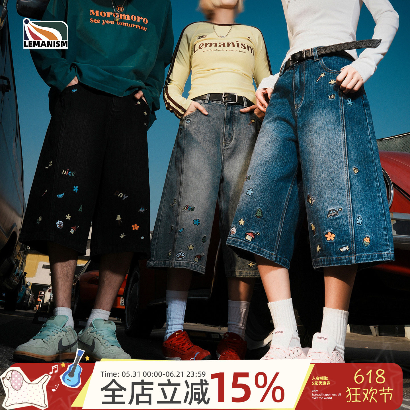 lemanism美式潮流卡通牛仔短裤男2026夏季新款情侣款休闲七分裤女