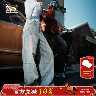 2025秋季 男款 新款 情侣款 女 lemanism美式 休闲裤 潮牌花朵刺绣牛仔裤