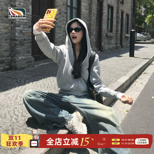 lemanism美式潮流纯色开衫连帽卫衣女款2026秋季新款情侣款外套男