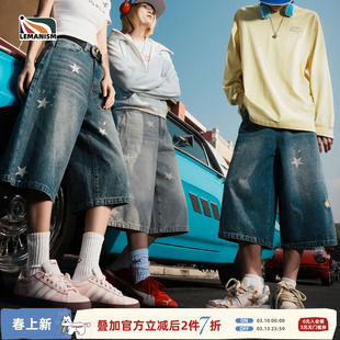 lemanism美式潮牌星星七分牛仔裤男2026夏季新款情侣裤休闲短裤女
