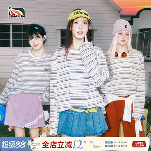 lemanism美式潮流撞色条纹长袖T恤女款2026夏季新款宽松体恤上衣
