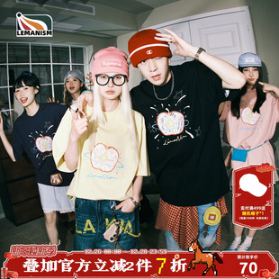 潮流苹果涂鸦印花短袖 半袖 T恤男款 情侣款 女 2025新款 lemanism美式