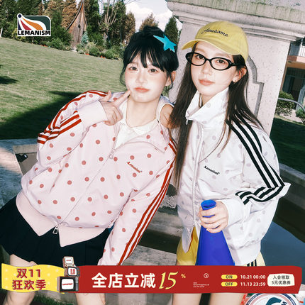 lemanism美式潮流三条杠波点立领夹克外套女款秋季粉色运动薄上衣