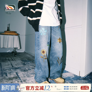 lemanism潮牌刺绣水洗休闲直筒牛仔裤2025秋冬新款情侣休闲长裤
