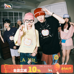 lemanism美式潮流苹果涂鸦印花短袖T恤男款2025新款情侣款半袖女