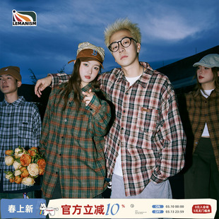 lemanism日系复古长袖格子衬衫男春秋潮牌寸衣宽松情侣款衬衣外套