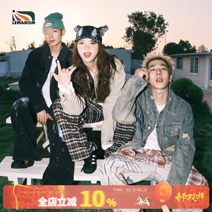 lemanism美式复古牛仔外套男2024秋季翻领夹克情侣款潮牌牛仔衣女