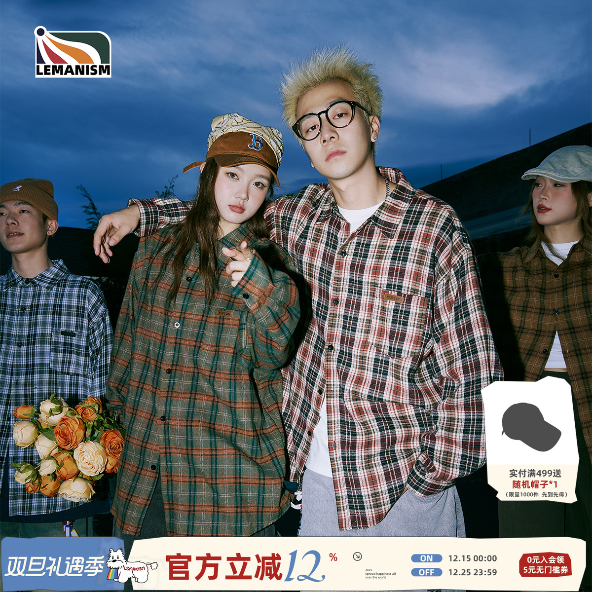 lemanism日系复古长袖格子衬衫男春秋潮牌寸衣宽松情侣款衬衣外套