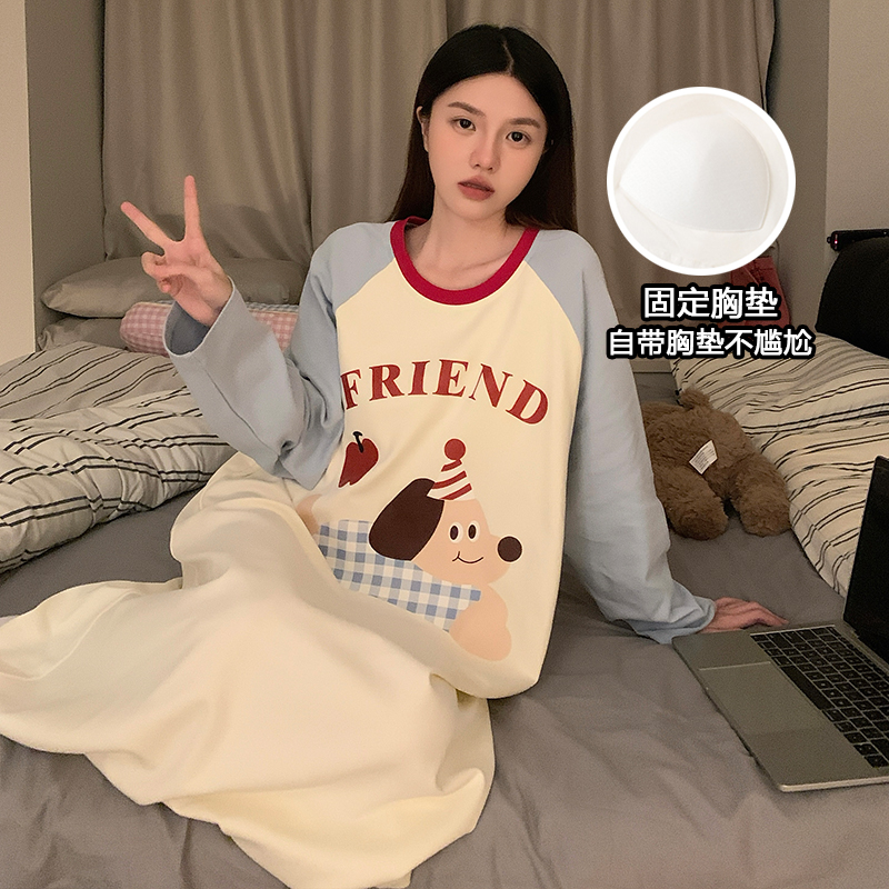 带胸垫一体睡裙2025新款长袖女生睡衣莫代尔宽松卡通哩哩狗家居服