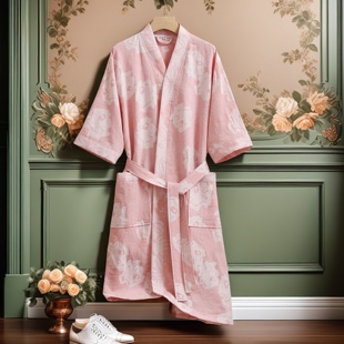 纯棉浴袍双层纱睡袍男女士春夏季睡衣宫廷风全棉游泳吸水速干浴袍