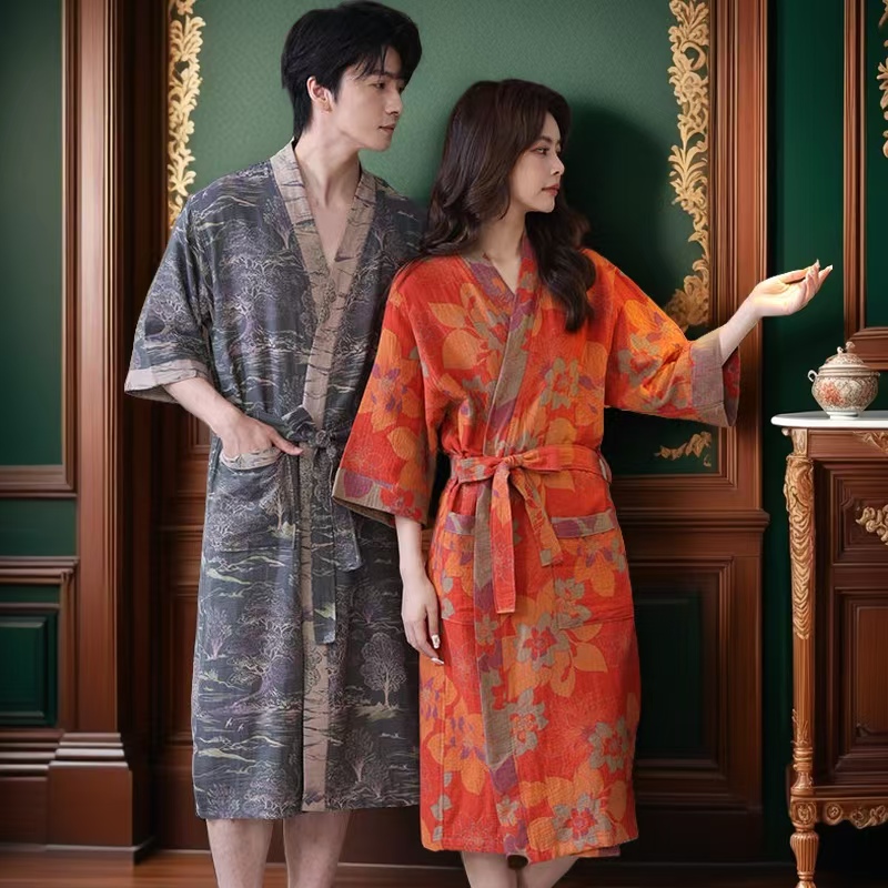 浴袍纯棉双层纱布睡袍春夏家居服