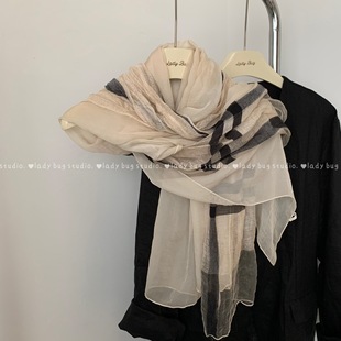 丝巾棉麻拼接时尚格子围巾长款柔滑2025春秋季女百搭纱巾薄款披肩