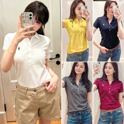 三折现货 拉夫RL经典五粒扣翻领纯棉女士POLO衫短袖刺绣小马标