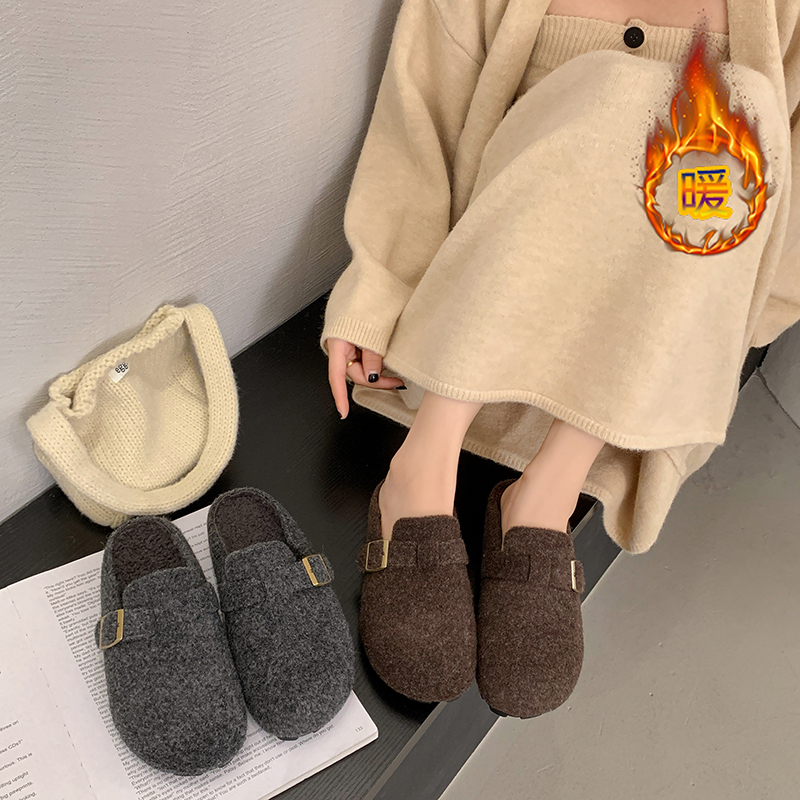 厚底灰色勃肯鞋加绒包头半拖鞋女