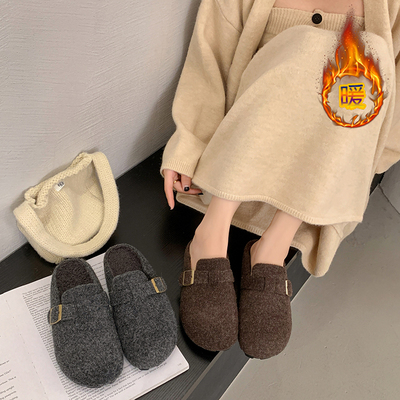 厚底灰色勃肯鞋加绒包头半拖鞋女