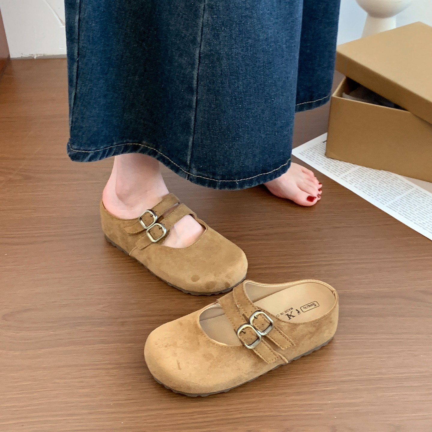 厚底内增高勃肯鞋女夏外穿包头半拖鞋2026新款一脚蹬休闲百搭凉拖