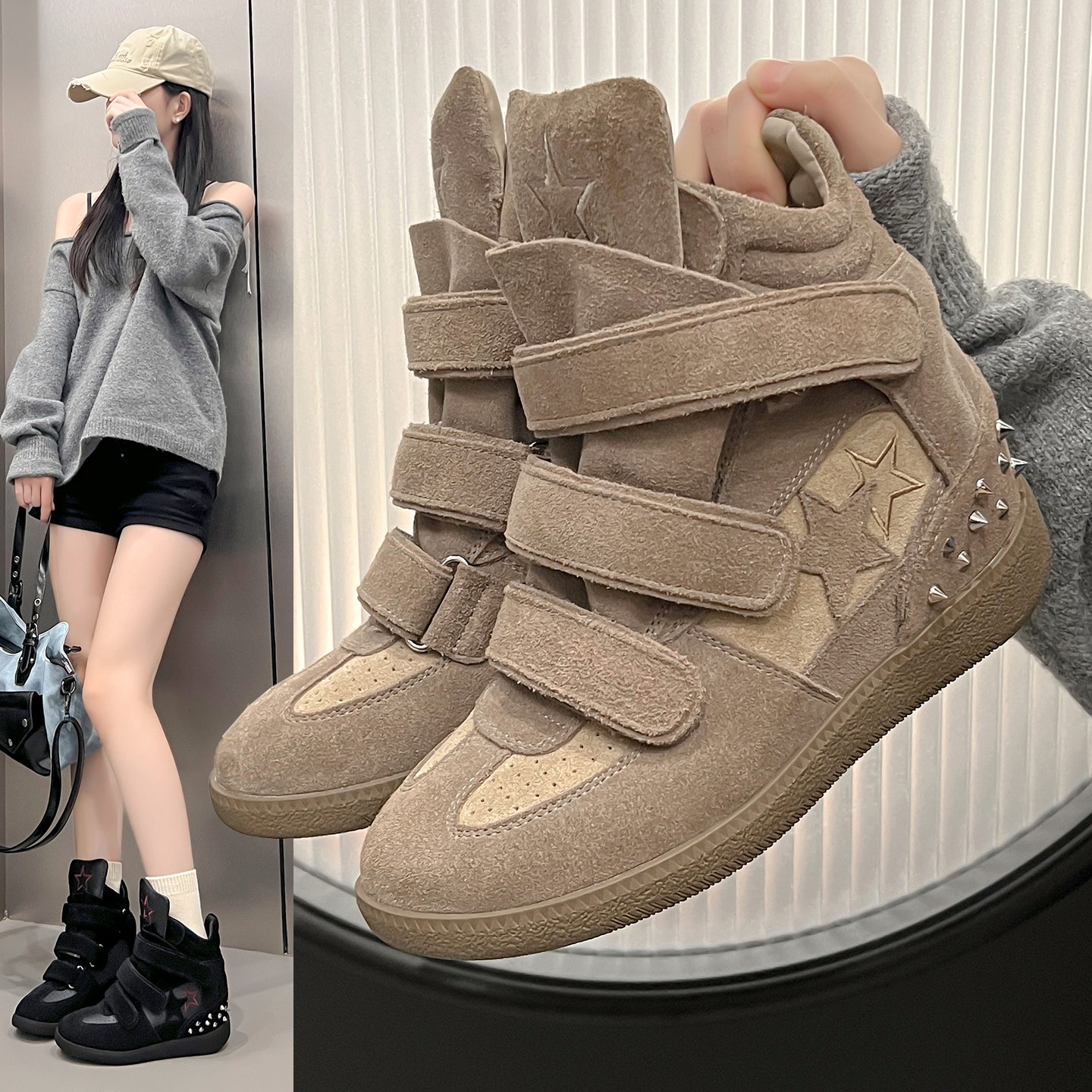 厚底高帮鞋复古内增高女鞋魔术贴