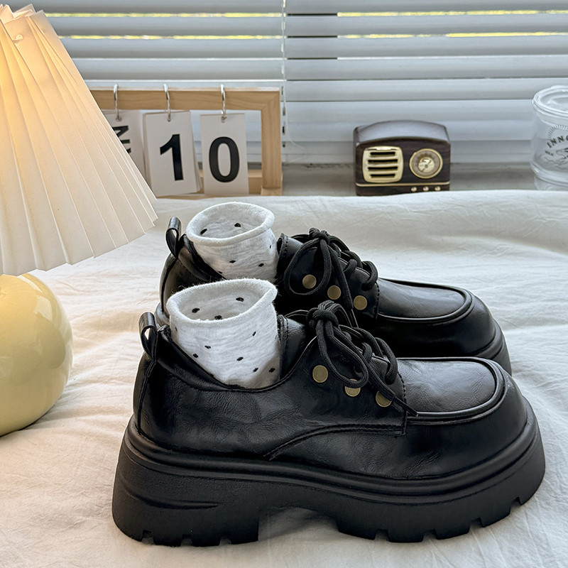 英伦风厚底黑色乐福鞋女系带皮鞋
