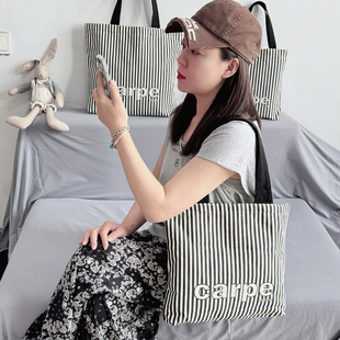 新款原创帆布包双面条纹图案男女学生书包通勤产检买菜大容量轻便