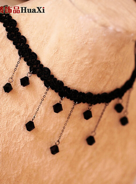 克拉恋人优雅黑色蕾丝水滴坠项链