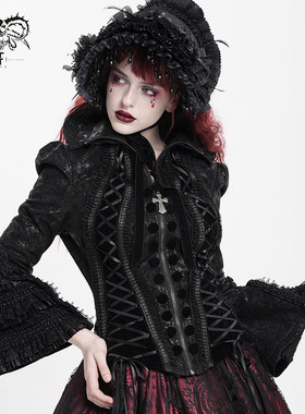 DevilFashion哥特风黑色绑带高领暗纹外套CT266