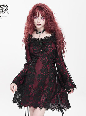 DevilFashion哥特风红色蕾丝喇叭袖连衣裙SKT24502