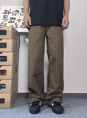 Mmel美式复古棕色裤子男春秋新款潮牌宽松直筒拖地长裤百搭休闲裤