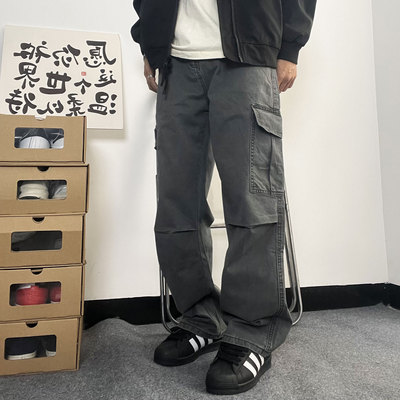 Mmel 深灰色工装裤男美复古宽松直筒潮牌百搭水洗做旧阔腿裤日系