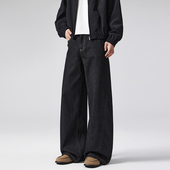 Mmel美式 2025潮流新款 复古丹宁原色牛仔裤 男黑色宽松直筒阔腿长裤