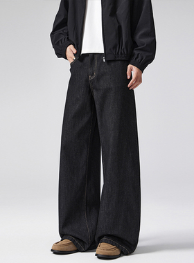 Mmel美式复古丹宁原色牛仔裤男黑色宽松直筒加绒长裤2025秋冬新款